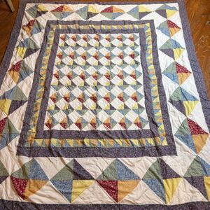 Vintage Ocean Waves Hand-Quilted Patchwork Quilt Full/Queen 82"x92" Calico